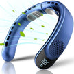 Blue wearable neck fan with digital display and airflow illustration