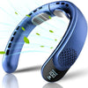 Blue wearable neck fan with digital display and airflow illustration