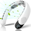 White wearable neck fan with digital display, airflow, and green leaves against white background