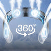 360 degree portable neck fan with cool air streams, icy blue lighting and mountain background