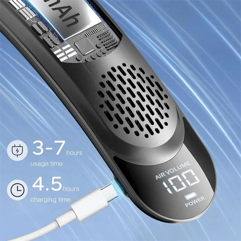 Closeup of portable neck fan with digital display, air vents, charging cable, and battery info.
