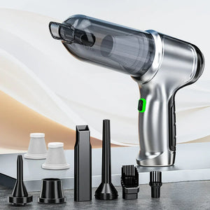 Cordless handheld vacuum cleaner with multiple nozzle attachments and filters on display