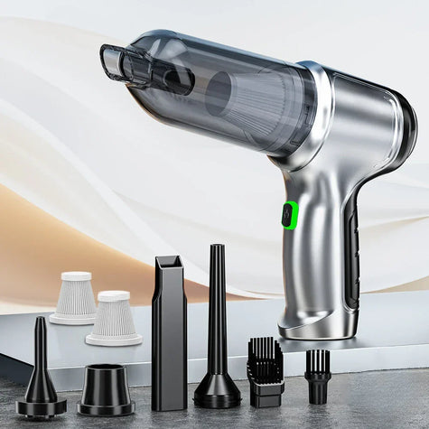 Cordless handheld vacuum cleaner with multiple nozzle attachments and filters on display