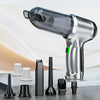 Cordless handheld vacuum cleaner with multiple nozzle attachments and filters on display