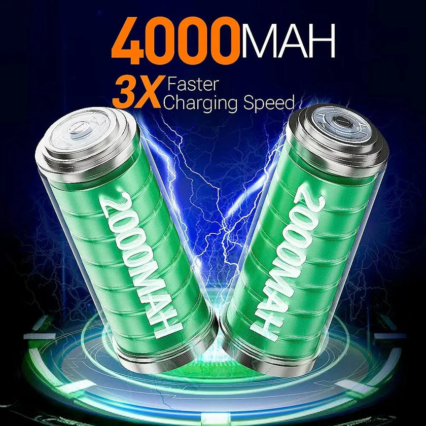 4000mAh rechargeable batteries with 3X faster charging speed, green batteries and blue lightning