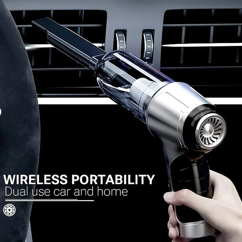 Wireless portable handheld vacuum cleaner cleaning car air vent.