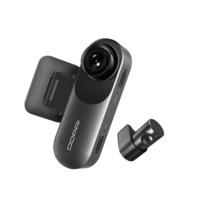 DDPAI dual lens dash cam and rear camera on white background