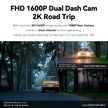 FHD 1600P dual dash cam road trip promo showing yellow car on tree-lined street, front and rear camera views.
