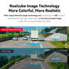 Comparison of Realcube Image Technology vs other dash cam images on a highway, showing wide-angle views and color differences.