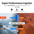 N3 Pro super capacitor comparison, shows winter road and desert, highlights -4°F to 158°F range.
