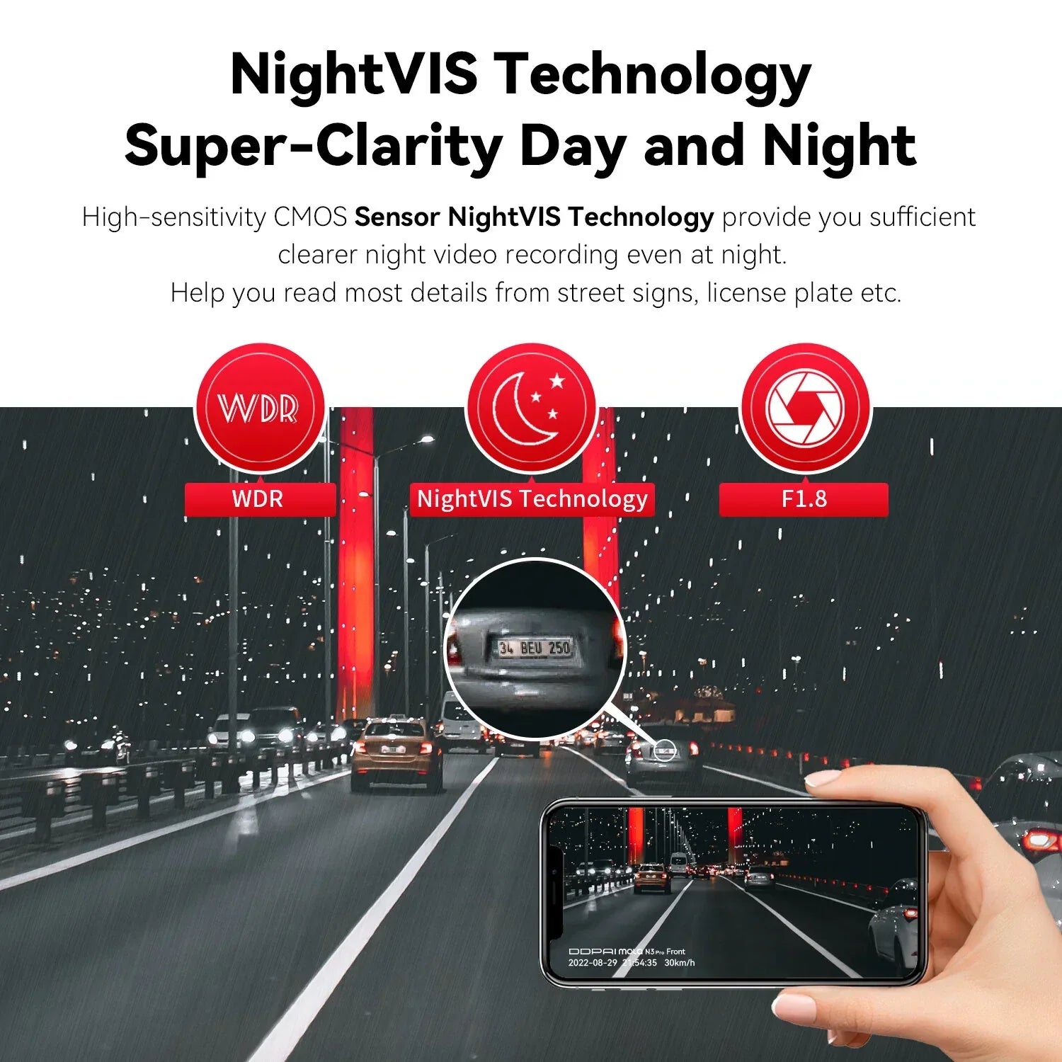 NightVIS dash cam captures clear night vision of cars on rainy city bridge, phone display in hand