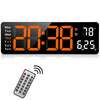 Large digital wall clock with orange LED display, temperature, date, and remote control