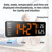Digital wall clock displaying time, date, week, and temperature with yoga in modern room