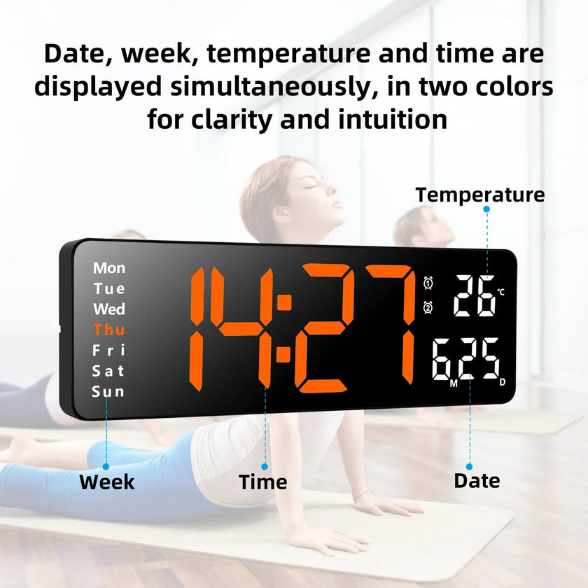 Digital wall clock displaying time, date, week, and temperature with yoga in modern room