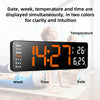 Digital wall clock displaying time, date, week, and temperature with yoga in modern room