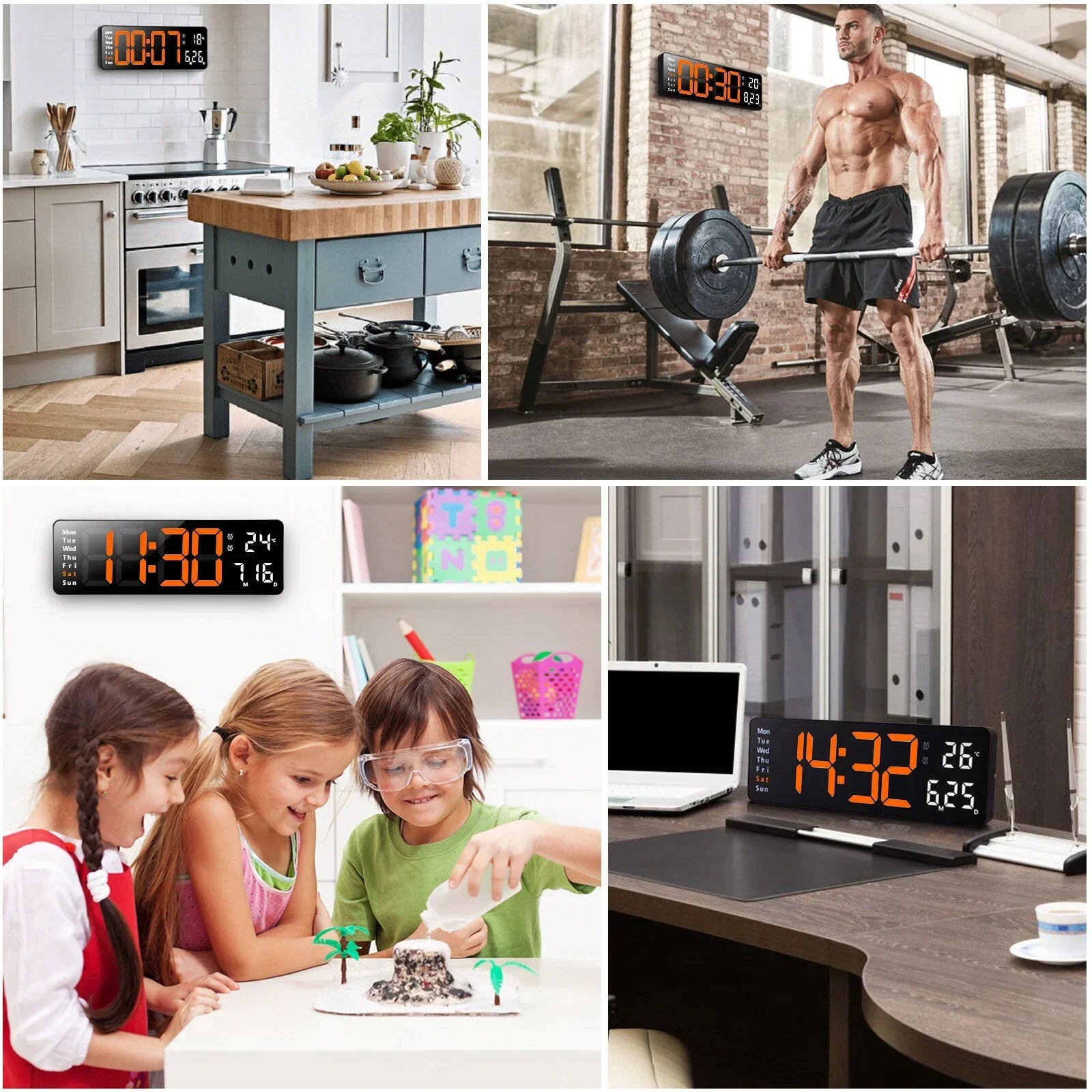 Digital wall clocks in kitchen, gym, classroom, and office settings