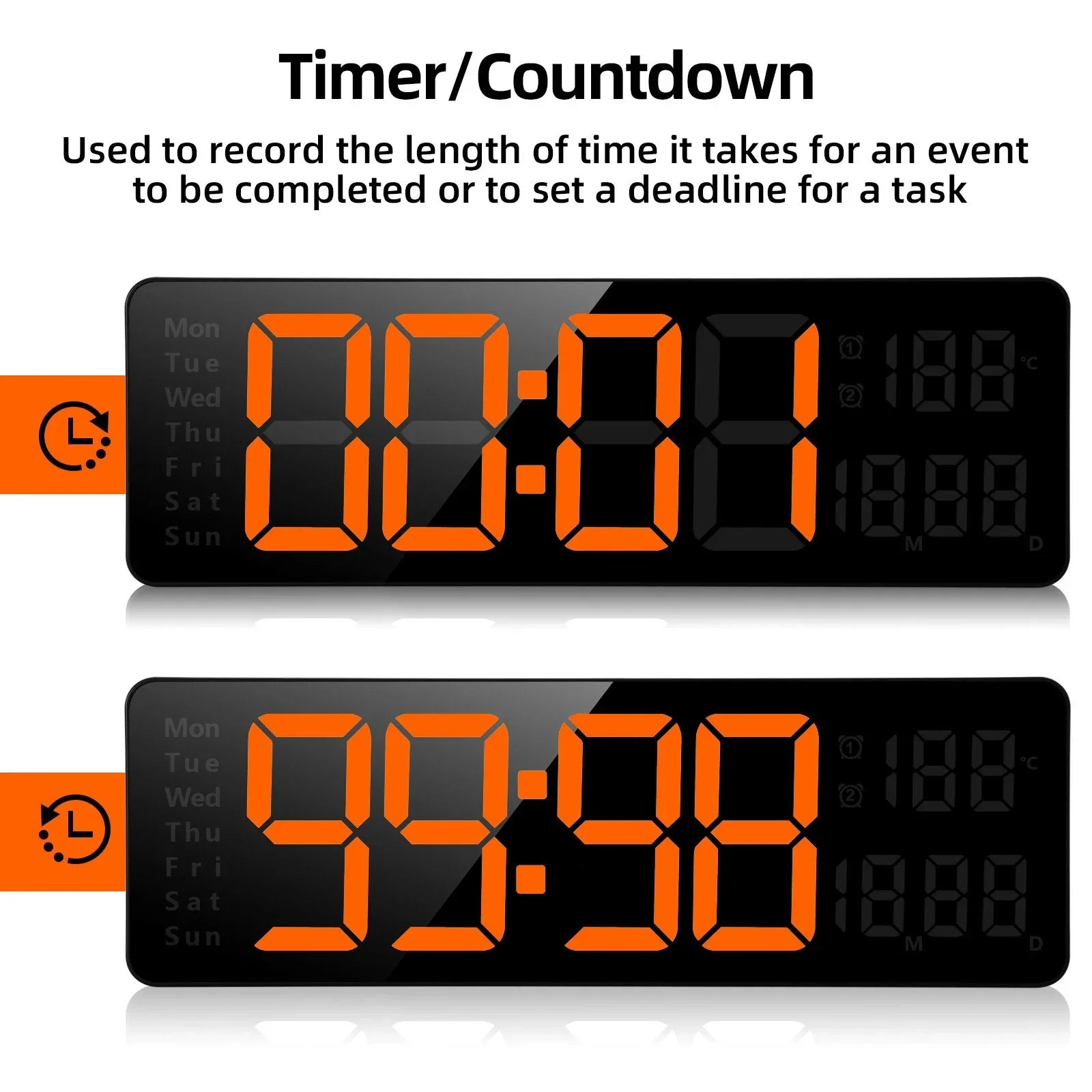 Digital timer countdown clock with orange LED display and day indicators
