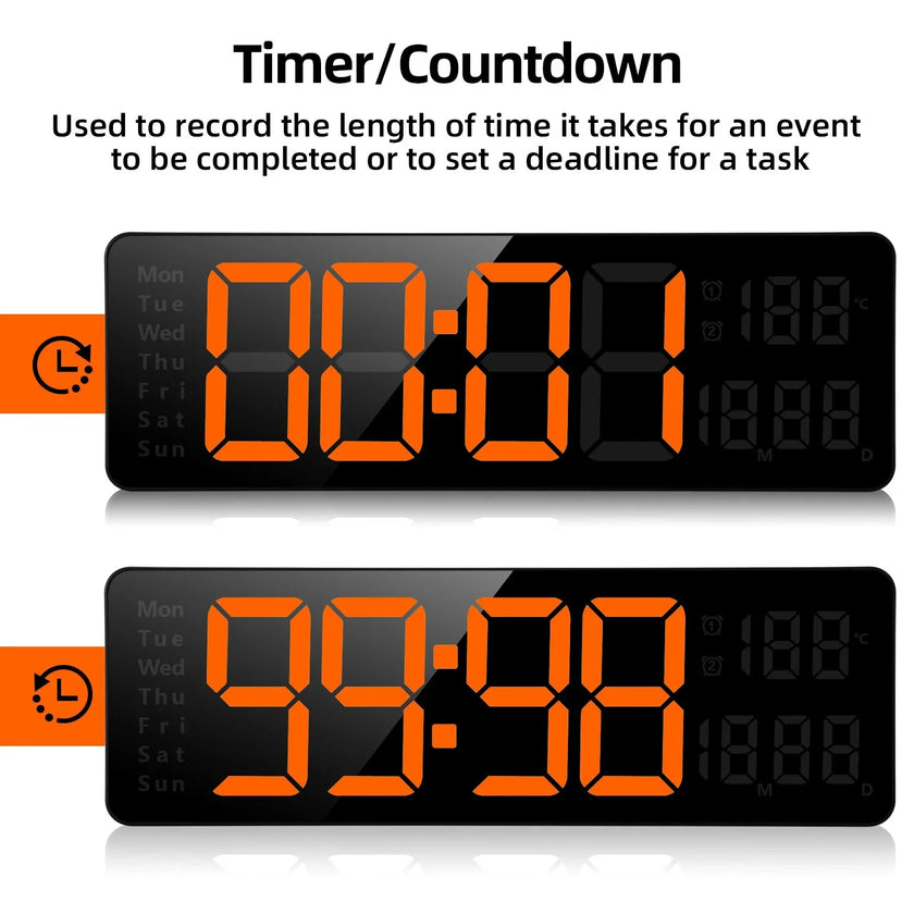 Digital timer countdown clock with orange LED display and day indicators