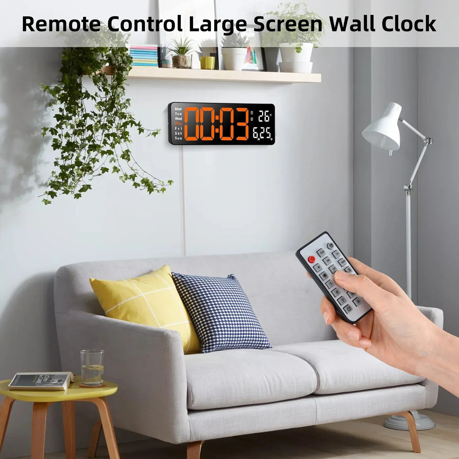 Remote control operating large digital wall clock in modern living room with sofa and plants