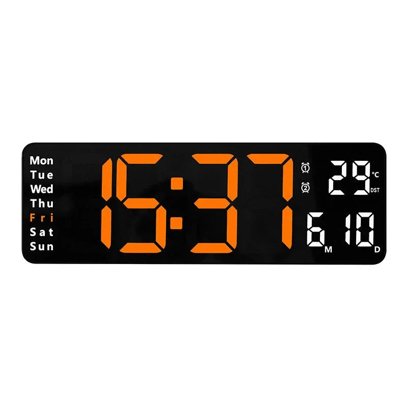 LED digital wall clock with orange time display, temperature, date, and weekday indicator