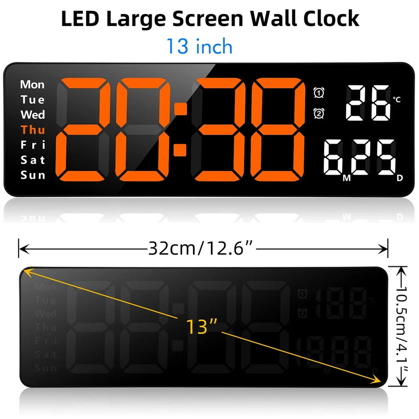 LED large screen wall clock 13 inch, digital display with temperature and date, 32cm x 10.5cm
