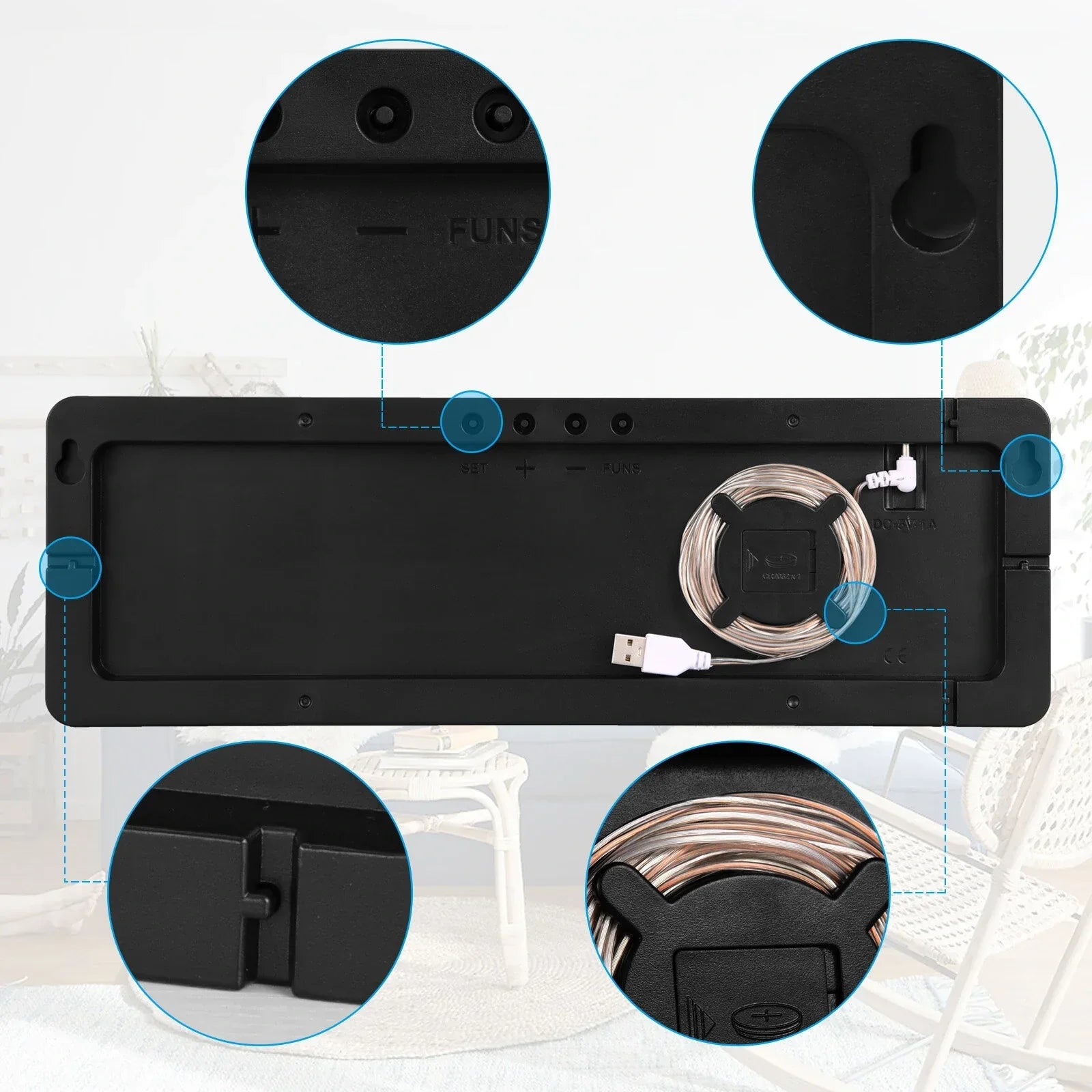 Black electronic device back panel with USB cable, mounting holes, and control buttons