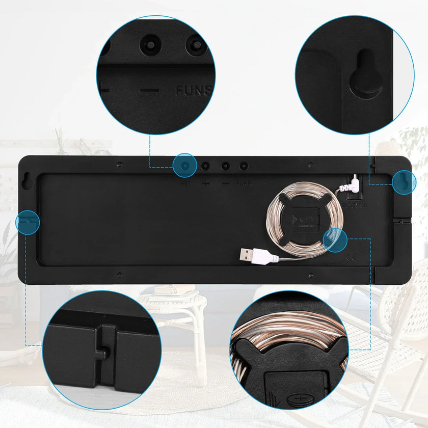 Black electronic device back panel with USB cable, mounting holes, and control buttons
