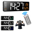 Digital wall clock with large LED display, remote control, temperature and calendar features.