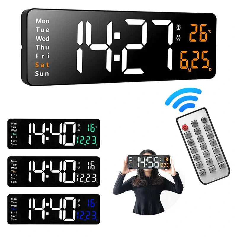 Digital wall clock with large LED display, remote control, temperature and calendar features.
