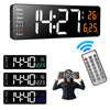 Digital wall clock with large LED display, remote control, temperature and calendar features.