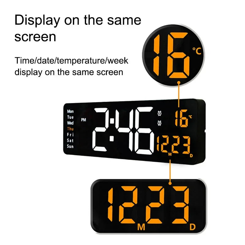 Digital wall clock showing time, date, temperature, and weekday in LED display.