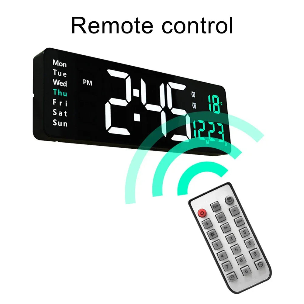 Digital wall clock with large LED display and remote control, showing time and temperature.