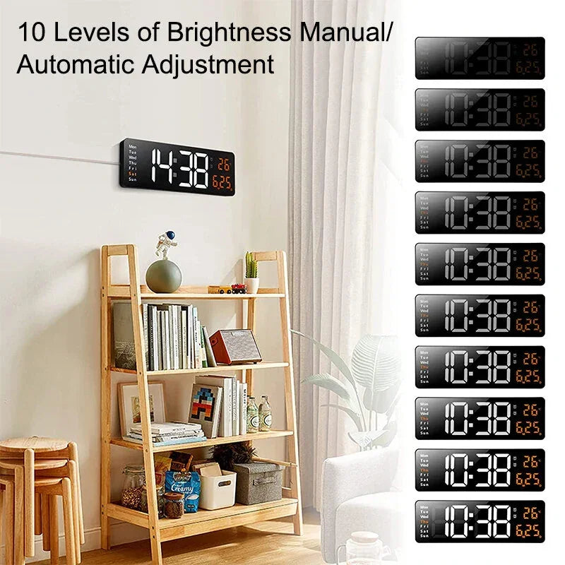 Modern digital wall clock with adjustable brightness in a cozy living room, bookshelf nearby