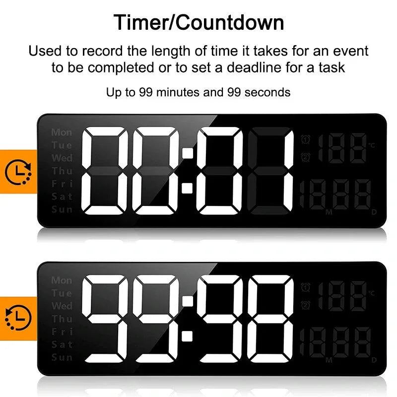 Digital countdown timer clock with LED display, days of week, and alarm icons
