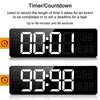 Digital countdown timer clock with LED display, days of week, and alarm icons