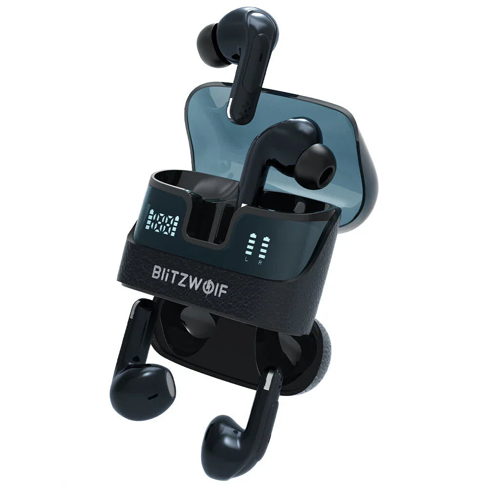 BlitzWolf wireless earbuds in charging case with LED display, black color
