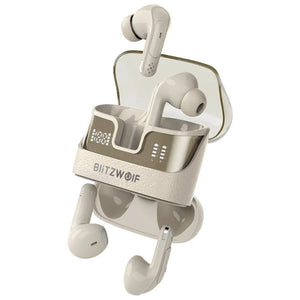 BlitzWolf beige wireless earbuds with charging case, modern design, open lid