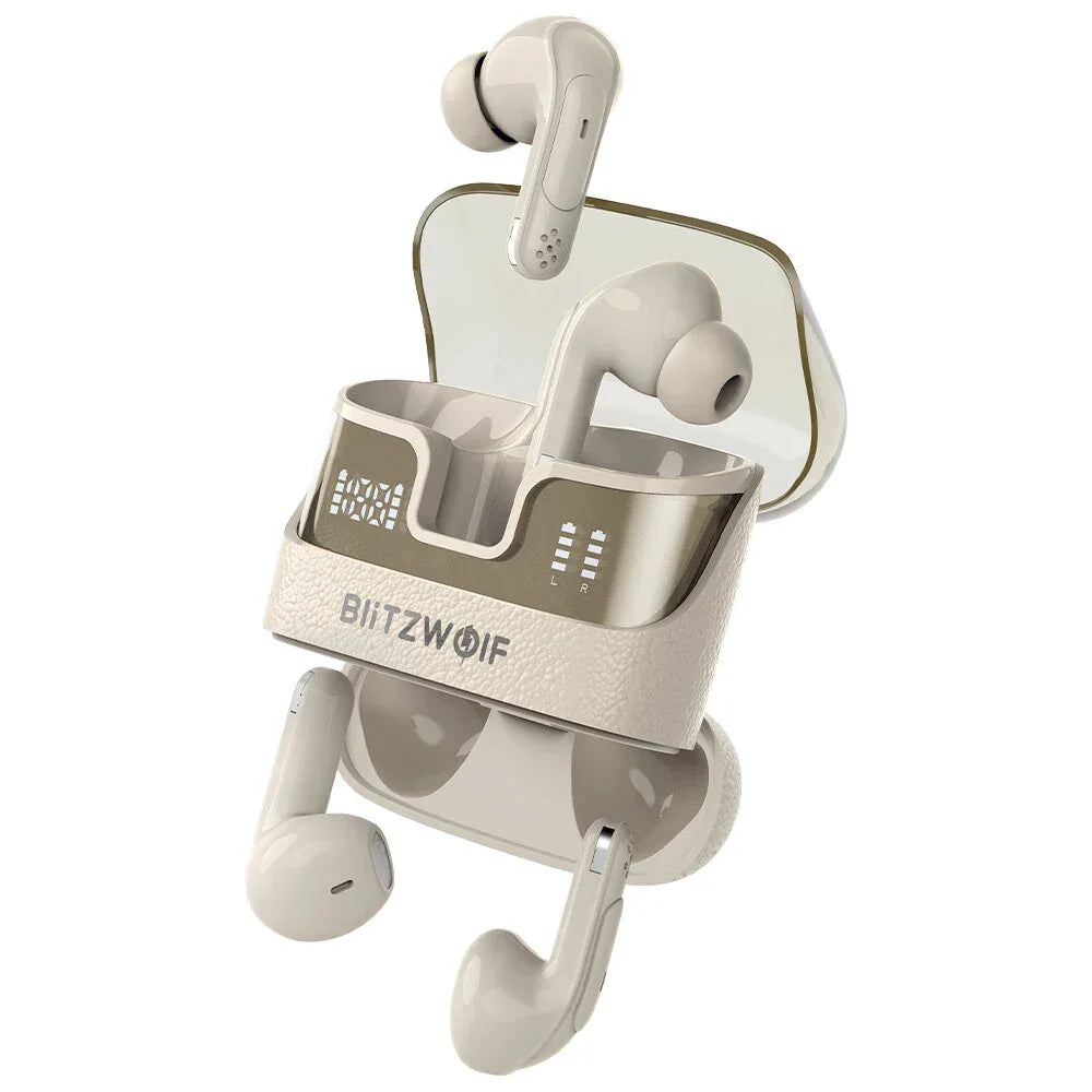 BlitzWolf beige wireless earbuds with charging case, modern design, open lid