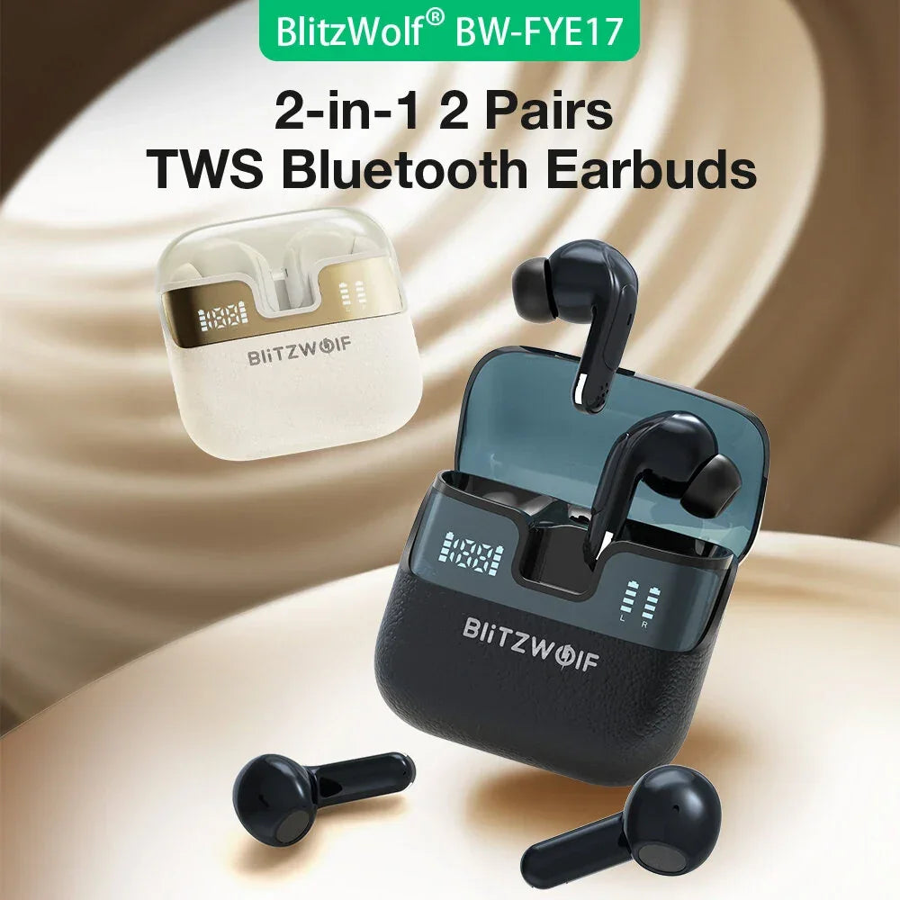BlitzWolf BW-FYE17 2-in-1 pairs TWS Bluetooth earbuds with charging cases in black and white