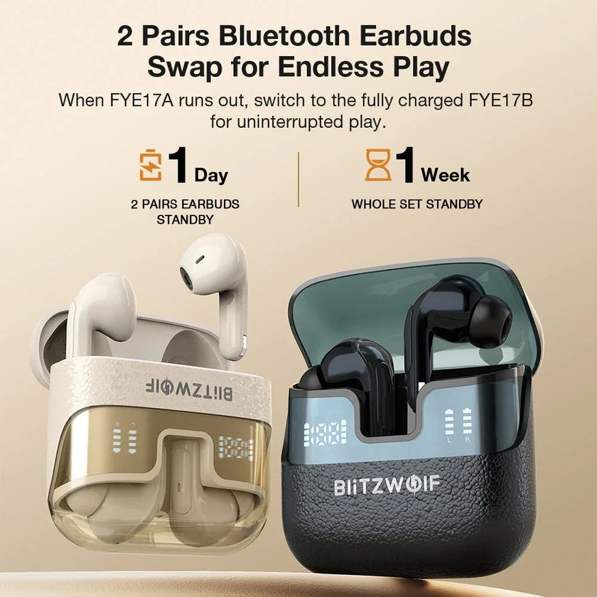BlitzWolf Bluetooth earbuds, 2 pairs in beige and black charging cases with LED display.