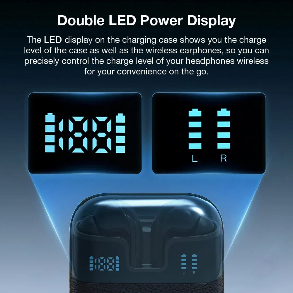 Wireless earbud charging case with double LED power display and headphone battery indicators