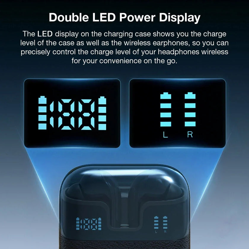 Wireless earbud charging case with double LED power display and headphone battery indicators