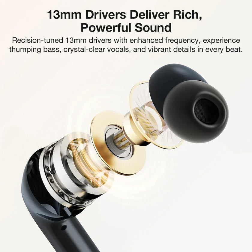 Exploded view of black wireless earbud with 13mm driver and sound components visible