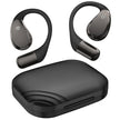Black wireless earbuds with over-ear hooks and charging case on white background