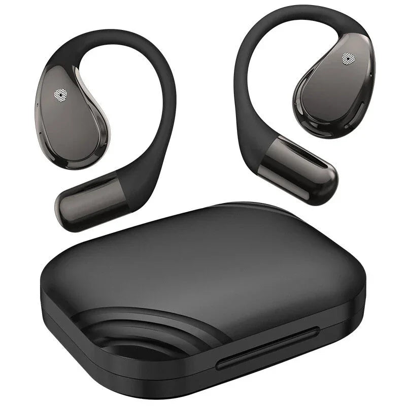 Black wireless earbuds with over-ear hooks and charging case on white background