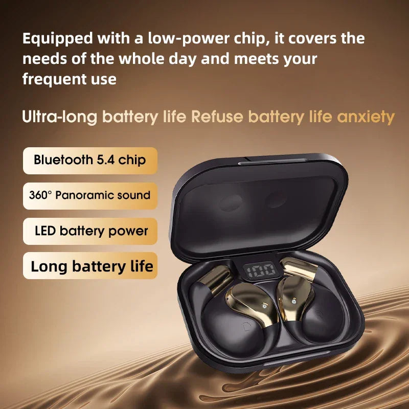 Gold wireless earbuds in charging case with Bluetooth 5.4, LED display, and long battery life