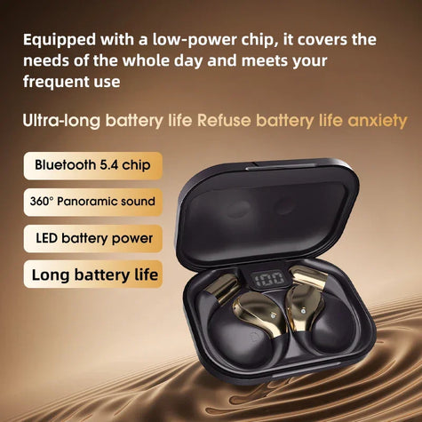 Gold wireless earbuds in charging case with Bluetooth 5.4, LED display, and long battery life