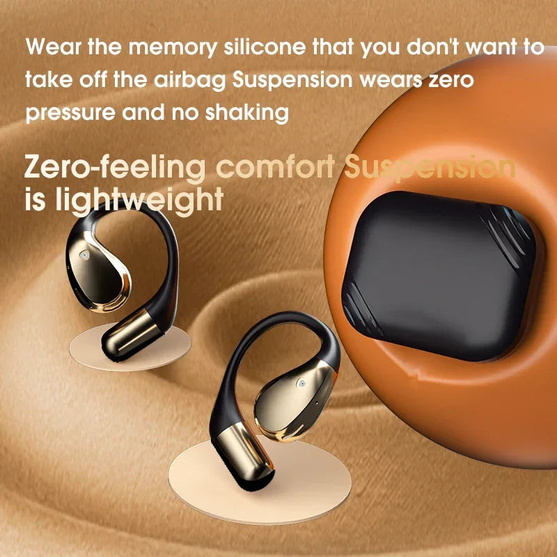 Black and gold wireless Bluetooth earphones with memory silicone, lightweight comfort design.