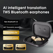 AI intelligent translation TWS Bluetooth earphones in charging case, black and gold, Bluetooth 5.4, 360° panoramic sound, long battery life.