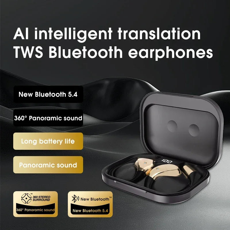 AI intelligent translation TWS Bluetooth earphones in charging case, black and gold, Bluetooth 5.4, 360° panoramic sound, long battery life.